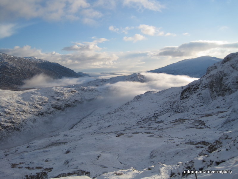 The view back down the valley on a sunny winter\'s morning.